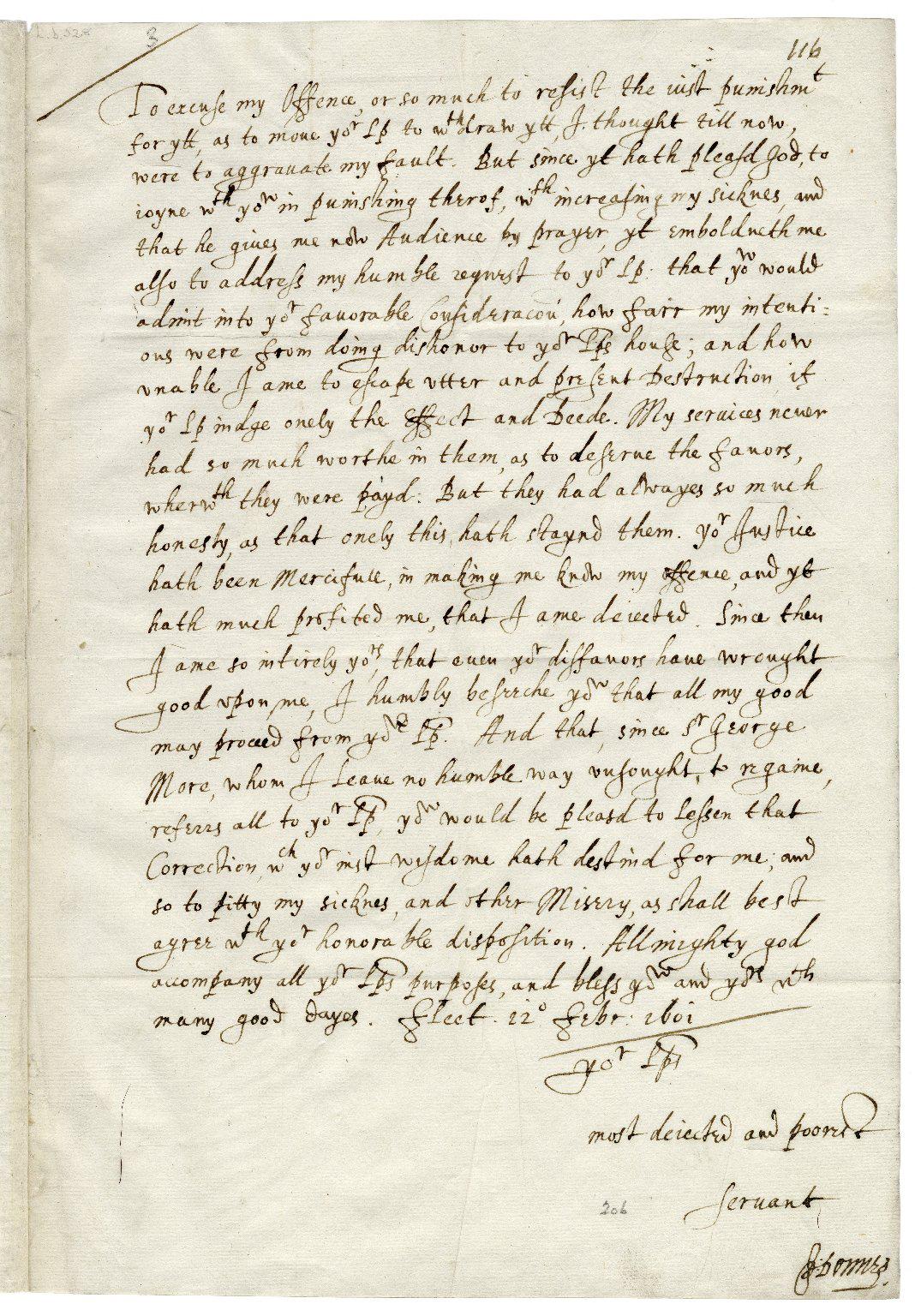 Autograph letter from John Donne in Fleet Prison to Sir Thomas Egerton, Feb. 12, 1601/1602. Folger Source call numbers: L.b.526 & L.b.528. Permission of the Folger Shakespeare Library. (CC BY S.A. 4.0)