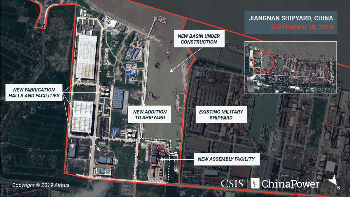 A satellite image shows Jiangnan Shipyard in Shanghai, China on Sept. 18, 2019. (CSIS/ChinaPower/Airbus 2019/Handout via Reuters)