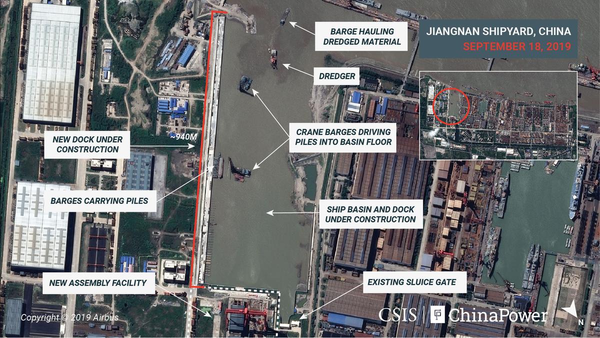 A satellite image shows Jiangnan Shipyard in Shanghai, China on Sept. 18, 2019. (CSIS/ChinaPower/Airbus 2019/Handout via Reuters)
