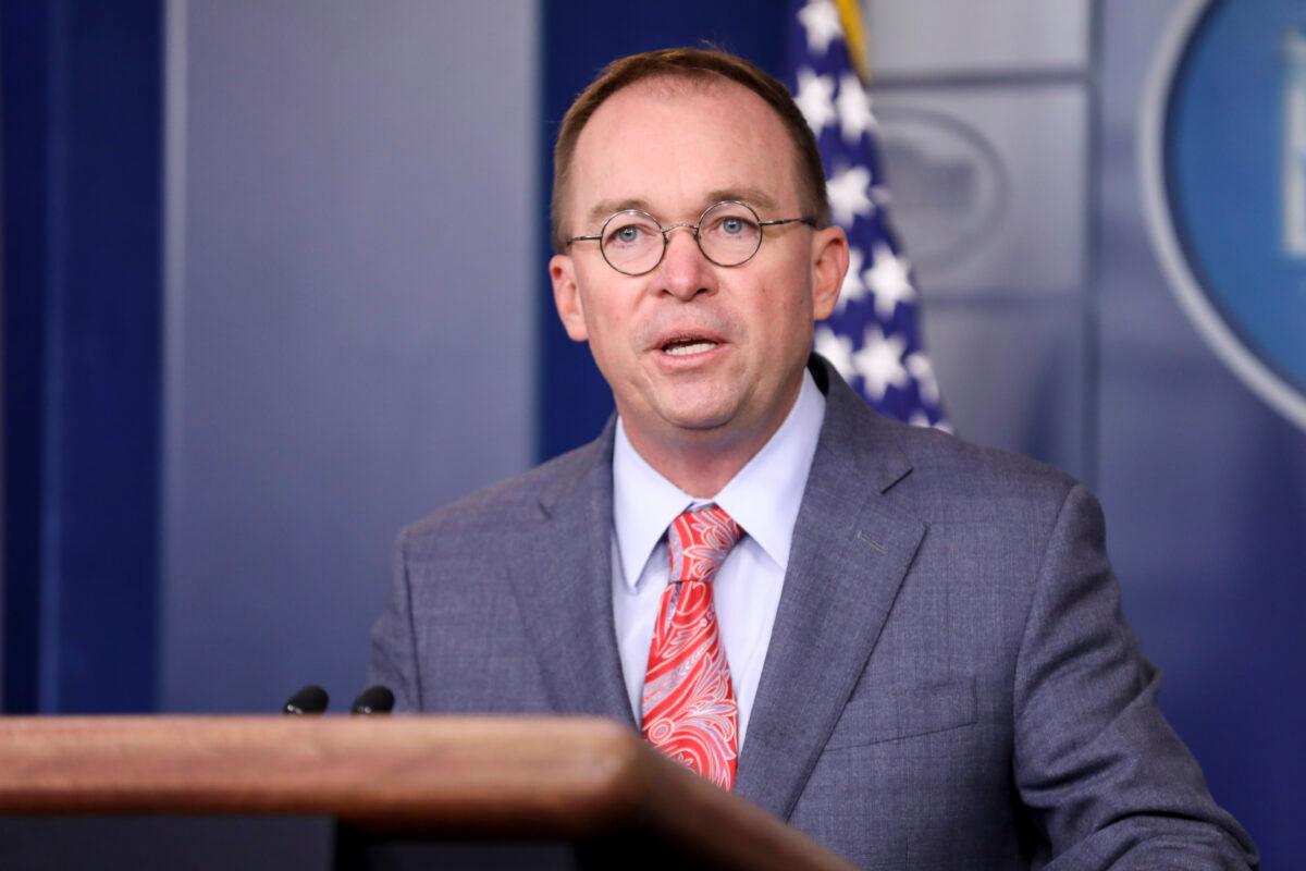 White House Chief of Staff Mick Mulvaney briefs media at the White House in Washington on Oct. 17, 2019. (Charlotte Cuthbertson/The Epoch Times)