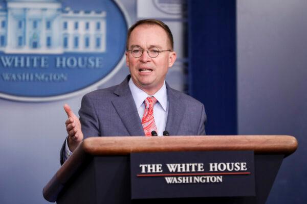 White House chief of staff Mick Mulvaney briefs media at the White House on Oct. 17, 2019. (Charlotte Cuthbertson/The Epoch Times)