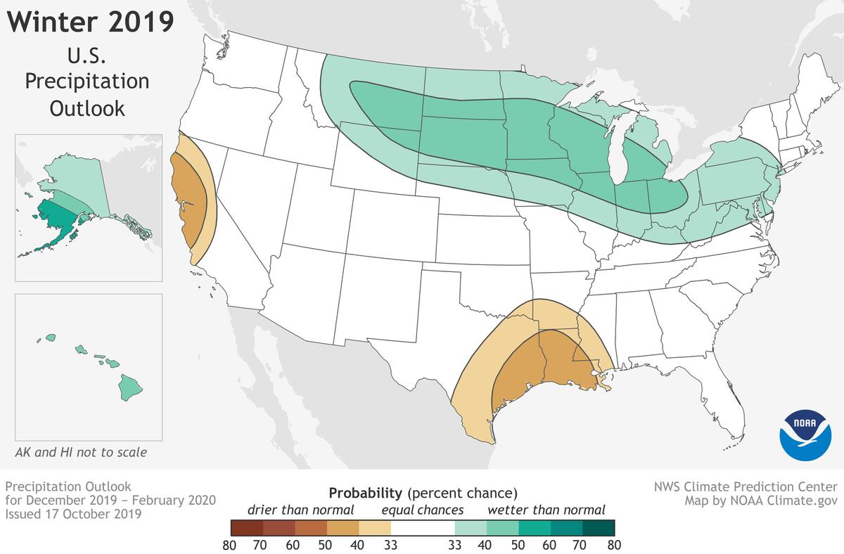 This 2019-20 Winter Outlook map for precipitation shows wetter-than-average weather is most likely across the Northern Tier of the United States this coming winter. (NOAA)