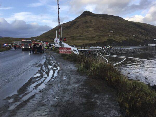 A commuter airplane has crashed near the airport in a small Alaska community on the Bering Sea in Unalaska, Alaska on Oct. 17, 2019. (Jim Paulin via AP)