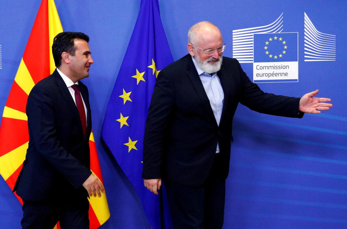 Macedonian Prime Minister Zoran Zaev smiles while European Commission Vice President Frans Timmermans gestures at the EU Commission headquarters in Brussels, Belgium on Oct. 17, 2019. (Francois Lenoir/Reuters, File Photo)