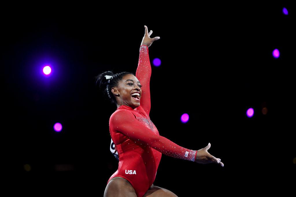 Biles reacts after her routine in the Women's Vault Final in the Apparatus Finals during Day 9 of the Championships (©Getty Images | <a href="https://www.gettyimages.com.au/detail/news-photo/simone-biles-of-united-states-reacts-after-her-routine-in-news-photo/1180618609">Laurence Griffiths</a>)