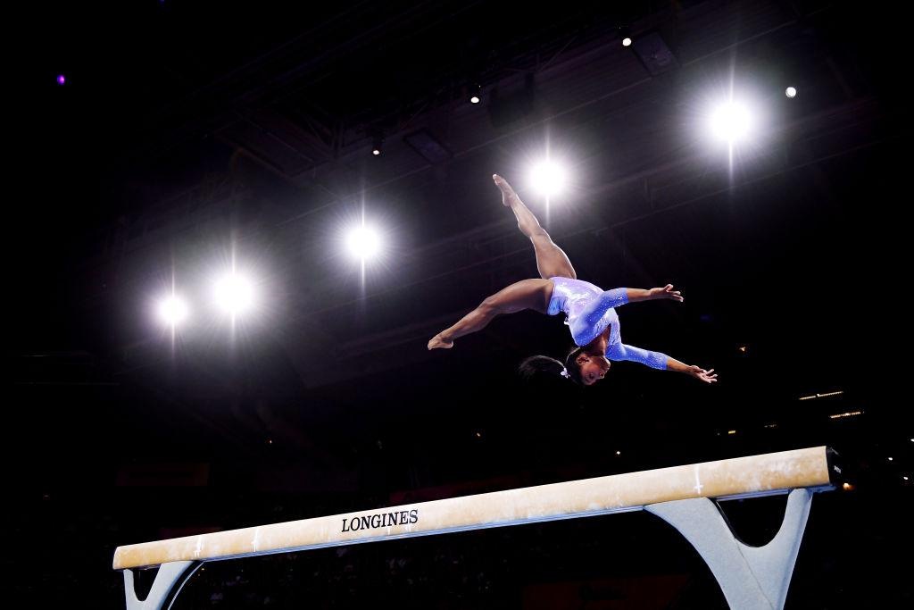 Biles competes in the Women's Balance beam Final during day 10; Oct. 13, 2019. (©Getty Images | <a href="https://www.gettyimages.com.au/detail/news-photo/simone-biles-of-the-united-states-competes-in-womens-news-photo/1180784078">Laurence Griffiths</a>)
