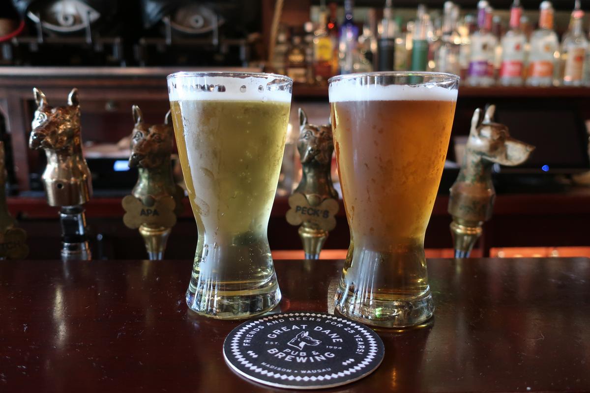 German (L) and Czech pilsners on tap at the Great Dane Pub & Brewing Co. (Kevin Revolinski)