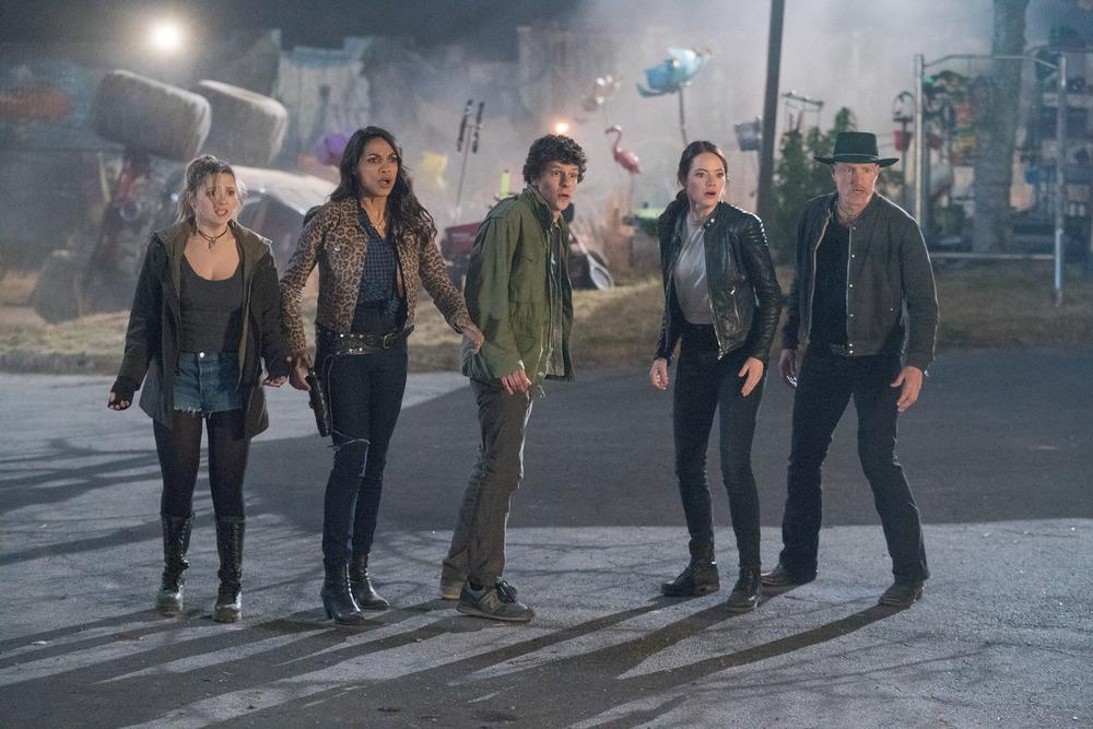 (L–R) Little Rock (Abigail Breslin), Nevada (Rosario Dawson), Columbus (Jesse Eisenberg), Wichita (Emma Stone), and Tallahassee (Woody Harrelson)  in Columbia Pictures’ “Zombieland 2: Double Tap.” (Jessica Miglio/Sony Pictures Entertainment Inc.)