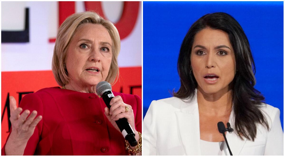 (L) Former US Secretary of State Hillary Clinton speaks during the Time 100 Summit event on April 23, 2019, in New York. (Don Emmert/AFP/Getty Images) (R) Democratic presidential candidate Rep. Tulsi Gabbard speaks during the fourth U.S. Democratic presidential candidates 2020 election debate in Westerville, Ohio, U.S., Oct. 15, 2019. (Shannon Stapleton/Reuters)