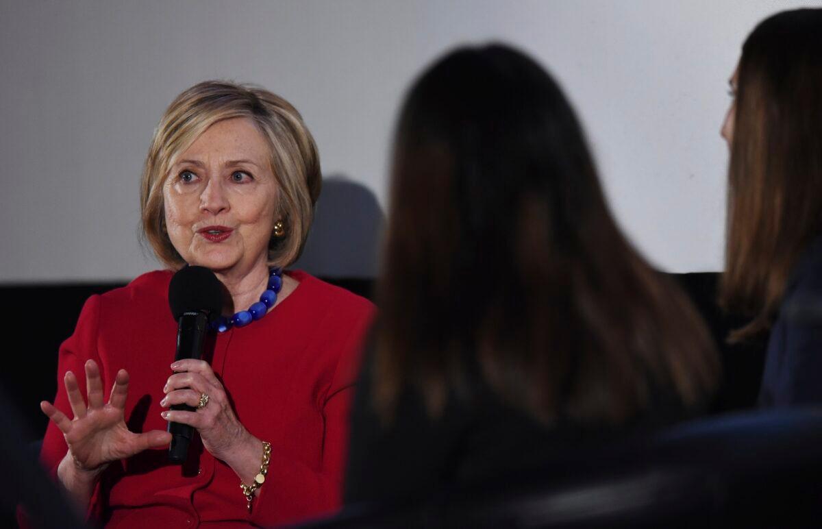 Former Secretary of State Hillary Clinton answers a question posed by student journalists during the Trailblazing Women of Park Ridge event in Park Ridge, Ill., on Oct. 11, 2019. (Joe Lewnard/Daily Herald via AP)