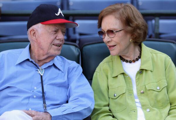 Former President Jimmy Carter and wife Rosalyn converse prior to the start of Game Three of the NLDS of the 2010 MLB Playoffs between the Atlanta Braves and the San Francisco Giants at Turner Field in Atlanta, Ga., on Oct. 10, 2010. (Jamie Squire/Getty Images)
