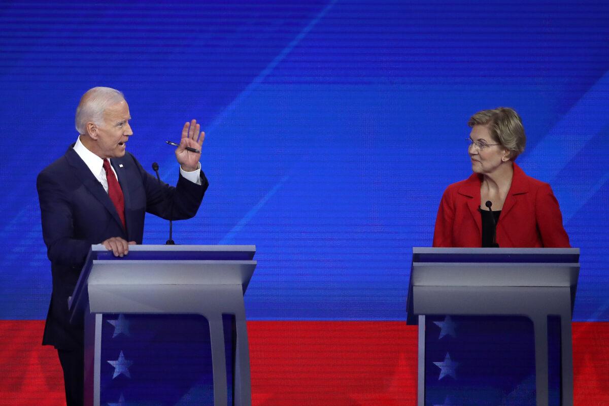 Democratic presidential candidates former Vice President Joe Biden and Sen. Elizabeth Warren (D-Mass. on stage during the Democratic presidential debate in Houston, Texas on Sept. 12, 2019. (Win McNamee/Getty Images)