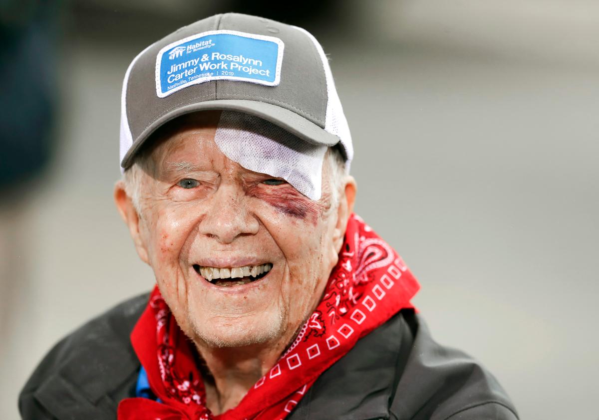 Former President Jimmy Carter answers questions during a news conference at a Habitat for Humanity project in Nashville, Tennessee on Oct. 7, 2019. (AP Photo/Mark Humphrey)