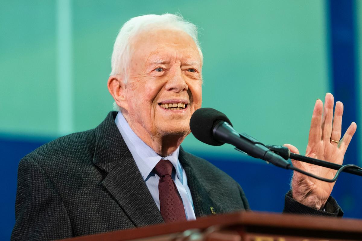 Former President Jimmy Carter acknowledges a student who's question has been picked for him to answer during an annual Carter Town Hall held at Emory University in Atlanta on Sept. 18, 2019. (John Amis/AP Photo)
