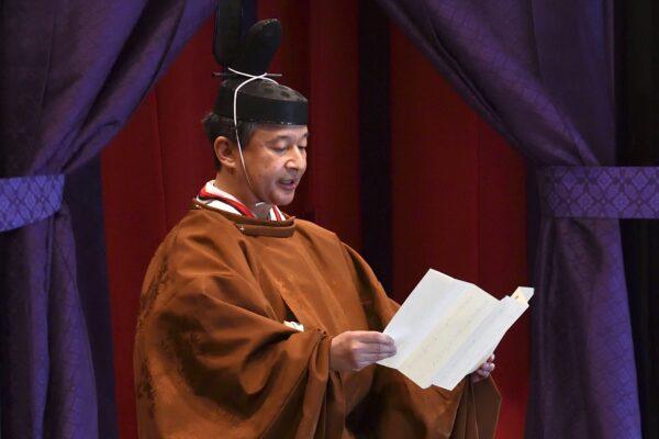 Japanese monarch Naruhito delivers his speech during the enthronement ceremony where he officially proclaims his ascension to the Chrysanthemum Throne at the royal palace in Tokyo on Oct. 22, 2019. (Kazuhiro Nogi/Pool Photo via AP)