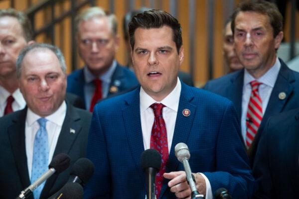 Rep. Matt Gaetz (R-Fla.) (C), House Minority Whip Steve Scalise (R-La.) (L), and other Republican House members in the Capitol Visitor Center on Oct. 23, 2019. (Tom Williams/CQ-Roll Call, Inc via Getty Images)