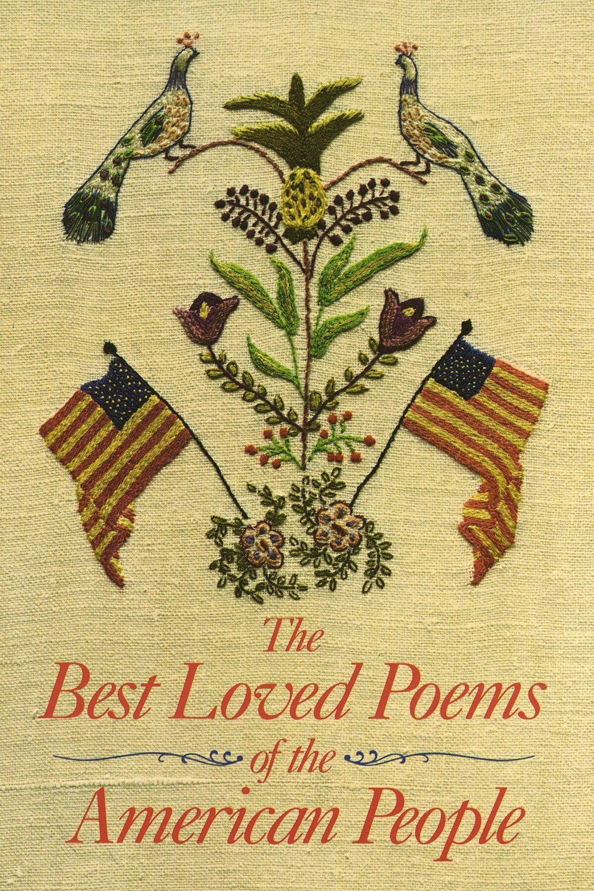 Peacocks and flags adorn the cover of a book of American poetry.