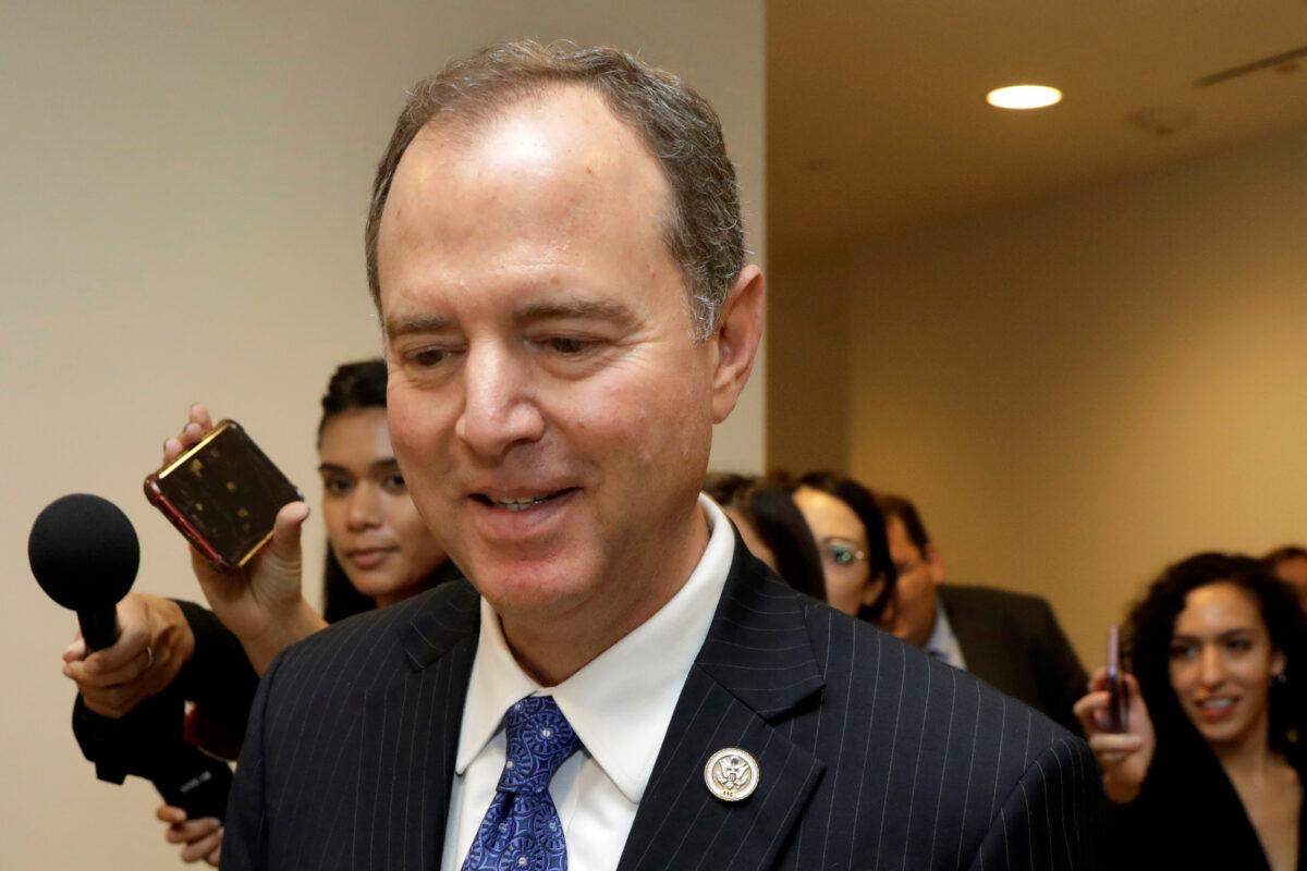 House Intelligence Committee Chairman Rep. Adam Schiff (D-Calif.) leaves a secure area where Deputy Assistant Secretary of Defense Laura Cooper is testifying as part of the House impeachment inquiry into President Donald Trump on Capitol Hill in Washington on Oct. 23, 2019. (AP Photo/Patrick Semansky)