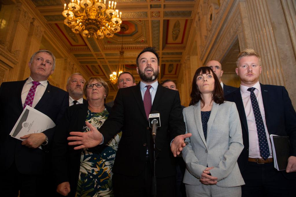 Social Democratic and Labour Party leader Colum Eastwood holds a press conference in Stormont's great hall after walking out of the debate on abortion laws on Oct. 21, 2019. (©Getty Images | <a href="https://www.gettyimages.com.au/detail/news-photo/leader-colum-eastwood-holds-a-press-conference-in-stormonts-news-photo/1177439153">Charles McQuillan</a>)