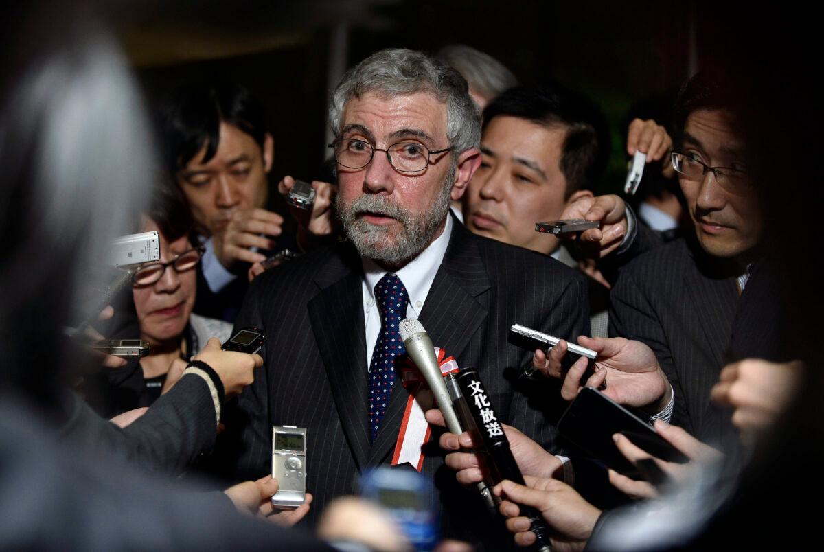 Economist and Nobel Prize-winner Paul Krugman speaks with journalists after meeting with Japanese Prime Minister Shinzo Abe in Tokyo on March 22, 2016. (Franck Robichon/AFP/Getty Images)