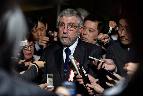 Economist and Nobel Prize winner Paul Krugman speaks with journalists after meeting Japanese Prime Minister Shinzo Abe in Tokyo, Japan, on March 22, 2016. (Franck Robichon/AFP/Getty Images)