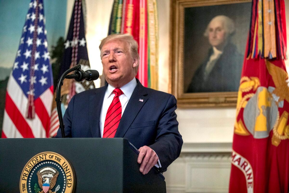 President Donald Trump makes a statement about the operation that led to the death of ISIS head Abu Bakr al-Baghdadi, in the Diplomatic Reception Room of the White House on Oct. 27, 2019. (Tasos Katopodis/Getty Images)