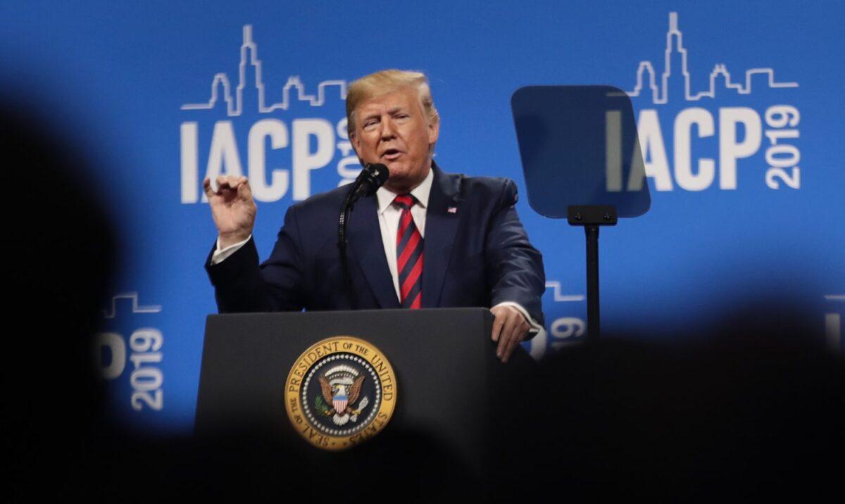 President Donald Trump addresses the International Association of Chiefs of Police (IACP) convention in Chicago on Oct. 28, 2019. (Scott Olson/Getty Images)