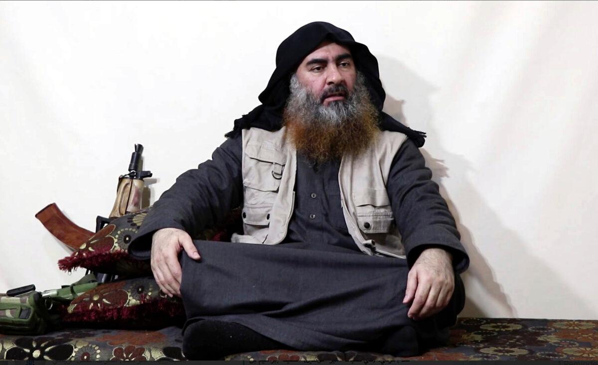 This file image made from video posted on a militant website April 29, 2019, purports to show the leader of the ISIS group, Abu Bakr al-Baghdadi, being interviewed by his group's Al-Furqan media outlet. (Al-Furqan media via AP, File)