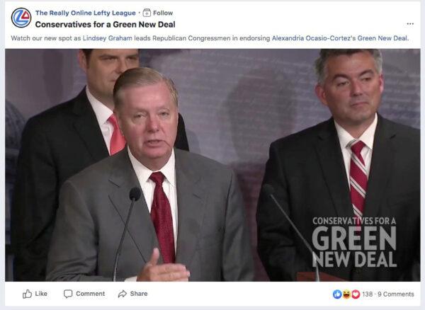 A screengrab from a video shows U.S. Senator Lindsey Graham (R-S.C.) appearing in a Facebook ad run by a PAC called The Really Online Lefty League, which falsely claims that he supports the Green New Deal, in order to draw attention to issues around Facebook ad policies, Oct. 25, 2019. (The Really Online Lefty League/Facebook via Reuters)