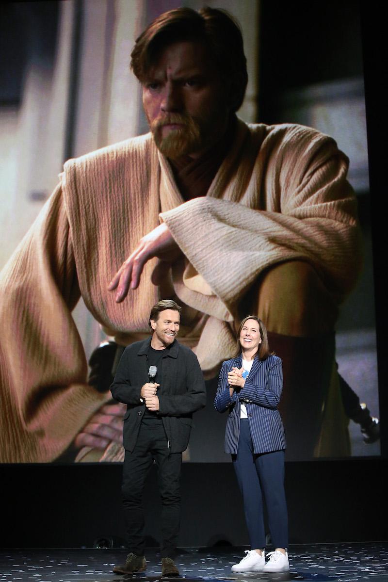 (L-R) Ewan McGregor and Lucasfilm president Kathleen Kennedy at the Disney+ Showcase at Disney’s D23 EXPO 2019 in Anaheim, Calif. on Aug. 13, 2019. (Jesse Grant/Getty Images for Disney)