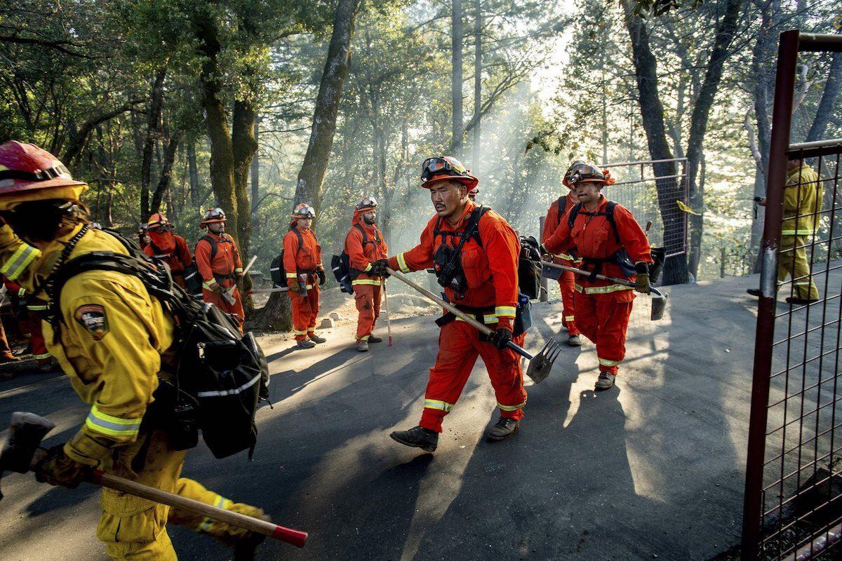 Inmate firefighters battle the Kincade Fire near Healdsburg, Calif., on Oct. 29, 2019. (AP Photo/Noah Berger)