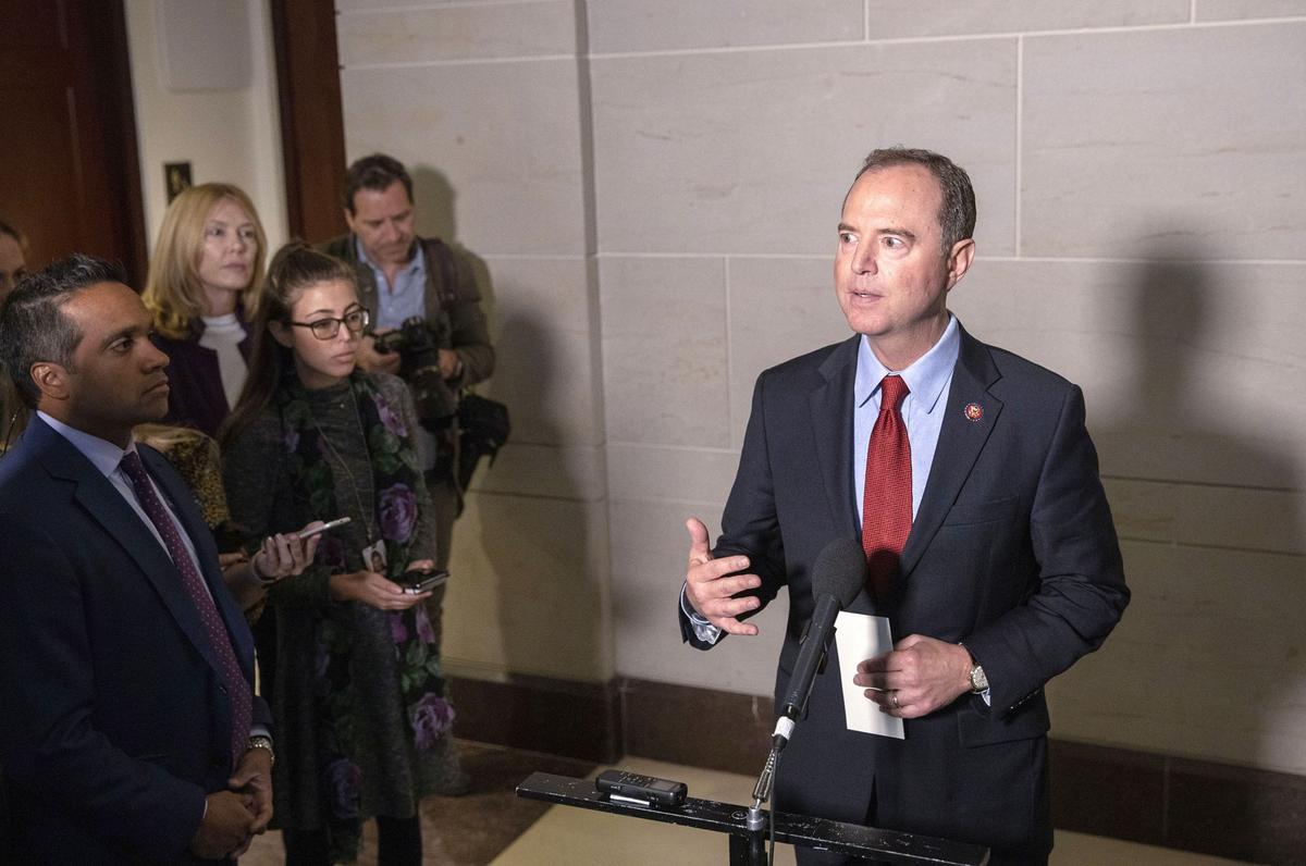 Rep. Adam Schiff, chairman of the House Select Committee on Intelligence, speaks at a press conference at the U.S. Capitol on Oct. 8, 2019. (Katopodis/Getty Images)