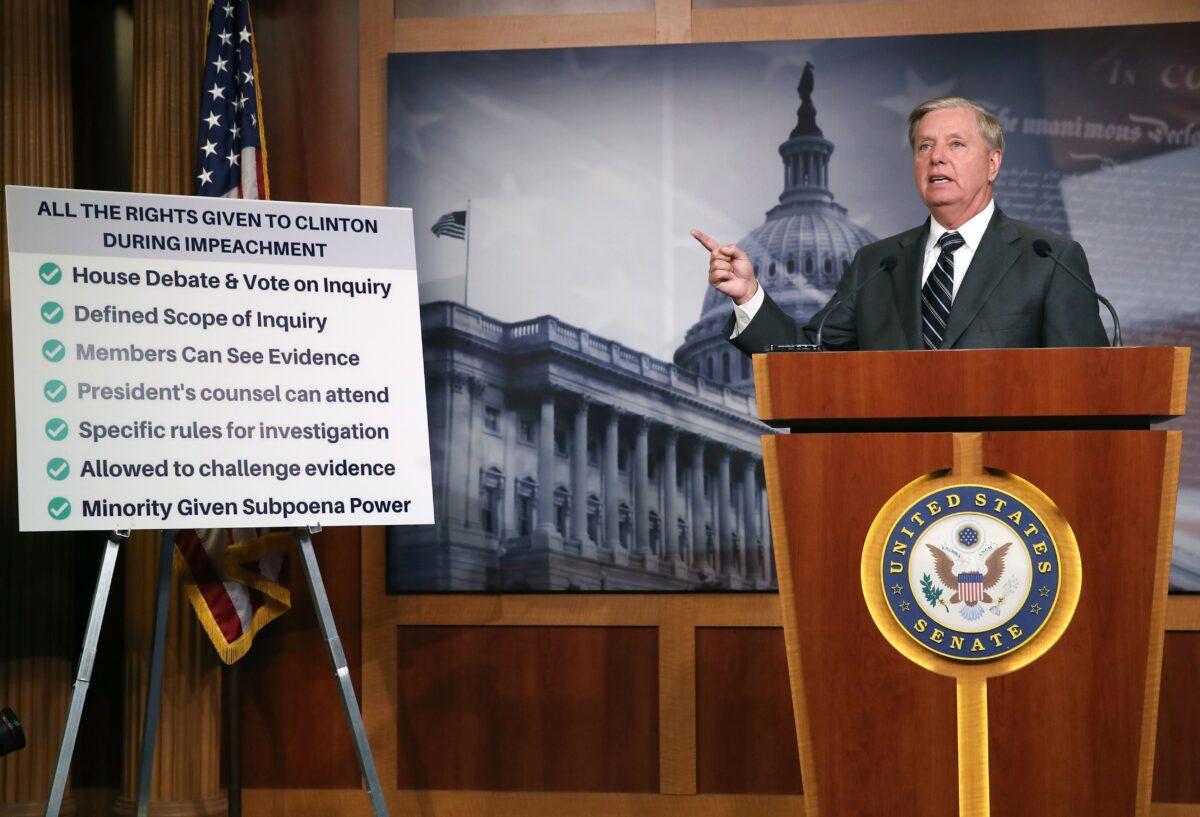 Senate Judiciary Committee Chairman Lindsey Graham (R-SC), talks about the Clinton impeachment while introducing a resolution condemning House Impeachment inquiry against President Donald Trump, at the U.S. Capitol on October 24, 2019 in Washington, DC. (Photo by Mark Wilson/Getty Images)