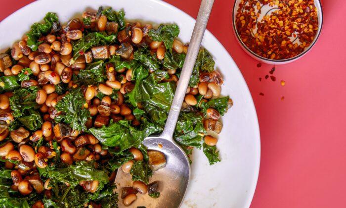 Mushroom Lardons With Black-Eyed Peas and Greens