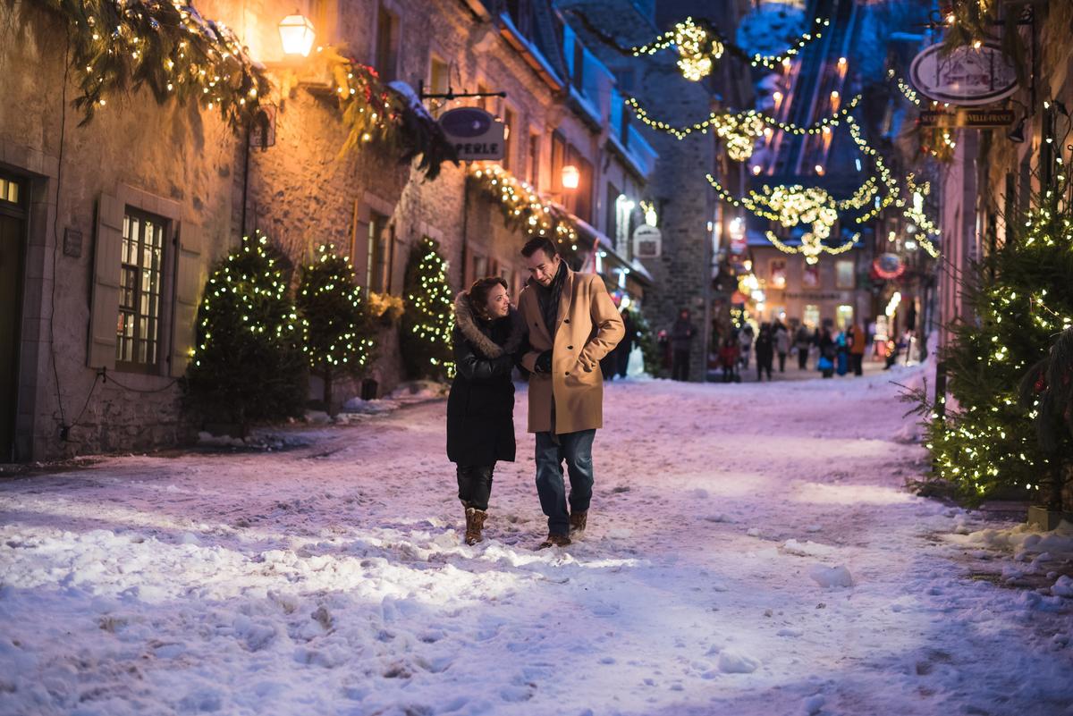 Festive street in Quartier Petit Champlain during holiday time. (Courtesy of Francis Gagnon/Quebec Original)