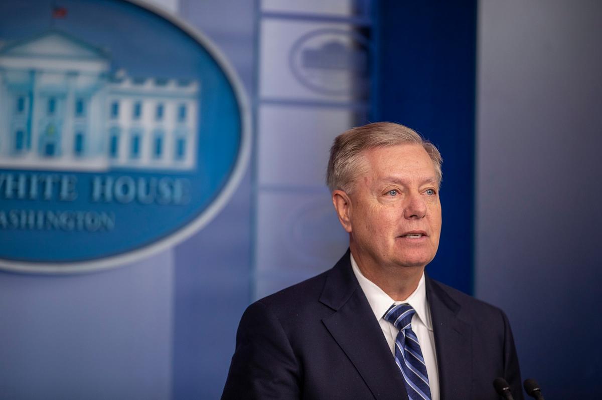 Sen. Lindsey Graham (R-S.C.) speaks to the media after President Donald Trump delivered remarks on the death of ISIS leader Abu Bakr al-Baghdadi, at the White House in Washington on Oct. 27, 2019. (Photo by Tasos Katopodis/Getty Images)