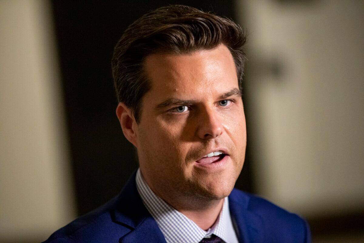 Rep. Matt Gaetz (R-Fla.), ranking member of the House Judiciary Committee, speaks to reporters outside of the Sensitive Compartmented Information Facility (SCIF) during a closed-door impeachment hearing at the U.S. Capitol in Washington on Oct. 30, 2019. (Samuel Corum/Getty Images)