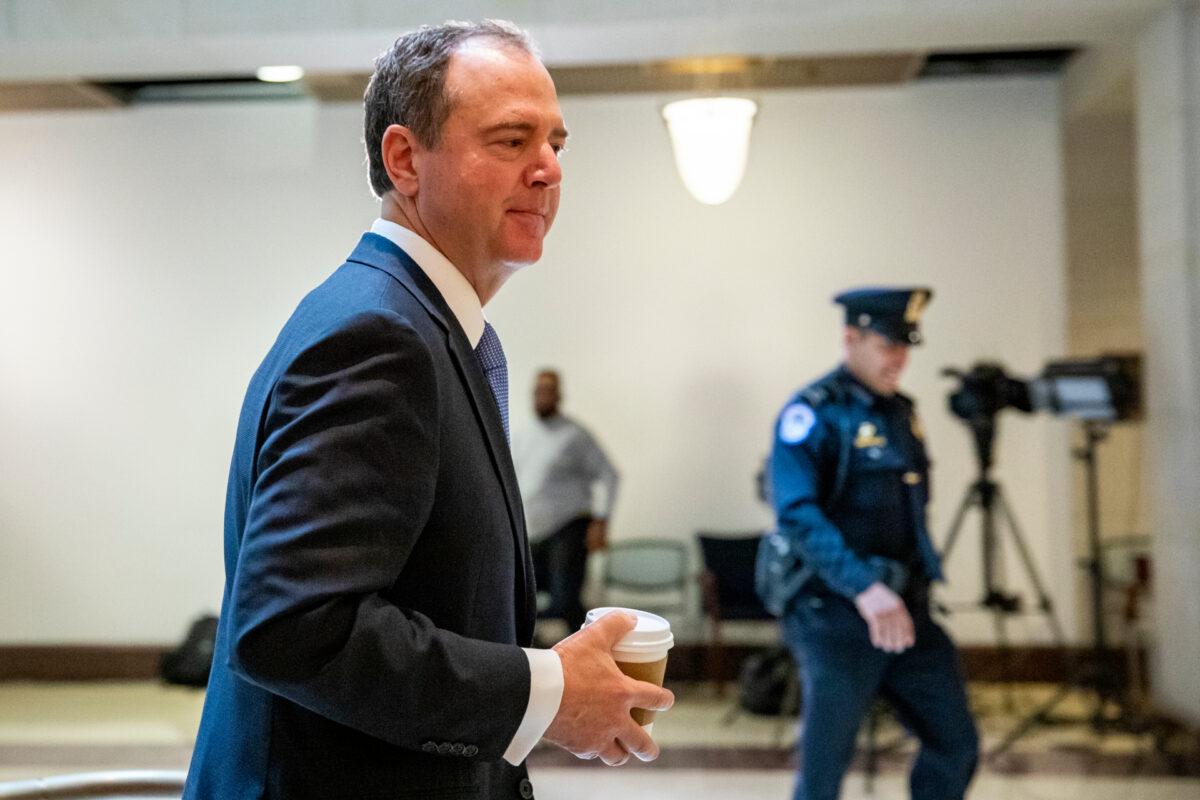 House Intelligence Chairman Adam Schiff (D-Calif.) arrives for depositions in the continued House impeachment inquiry of President Donald Trump in Washington on Oct. 30, 2019. (Samuel Corum/Getty Images)