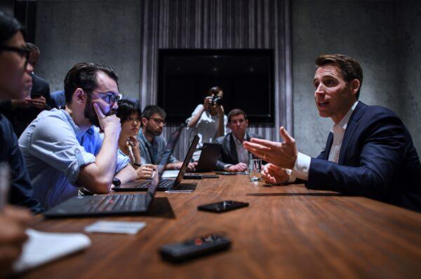 Missouri Republican Sen. Josh Hawley (R) speaks to members of the media at a hotel in Hong Kong on Oct. 14, 2019. (Mohd Rasfan/AFP via Getty Images)