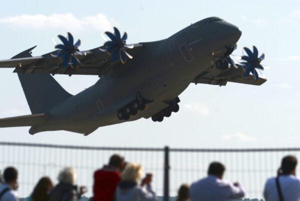 A medium-range transport aircraft Antonov An-70, jointly developed by Ukrainian and Russian companies and using Motor Sich engines, performs at an air show in Zhukovsky, near Moscow, on Aug. 28, 2013. (Vasily Maximov/AFP/Getty Images)