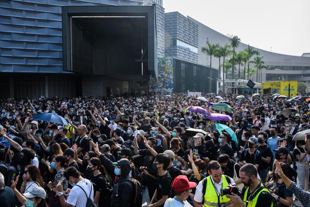 Pro-democracy protesters attend a rally, in the Tsim Sha Tsui area of Kowloon in Hong Kong on Oct. 27, 2019. (Anthony Wallace/AFP via Getty Images)