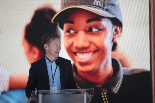 Chris Kempczinski, president of McDonald's USA, speaks at the unveiling of McDonald's new corporate headquarters during a grand opening ceremony in Chicago, Ill., on June 4, 2018. The company headquarters is returning to the city, which it left in 1971, from suburban Oak Brook. Approximately 2,000 people will work from the building. (Photo by Scott Olson/Getty Images)