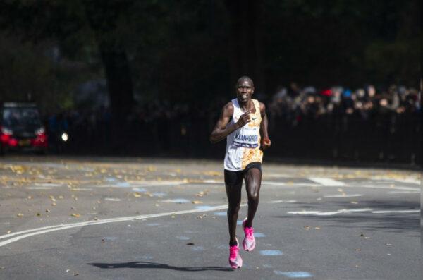 Geoffrey Kamworor of Kenya leads the professional men’s division during the New York City Marathon on Nov. 3, 2019. (Eduardo Munoz Alvarez/AP Photo)