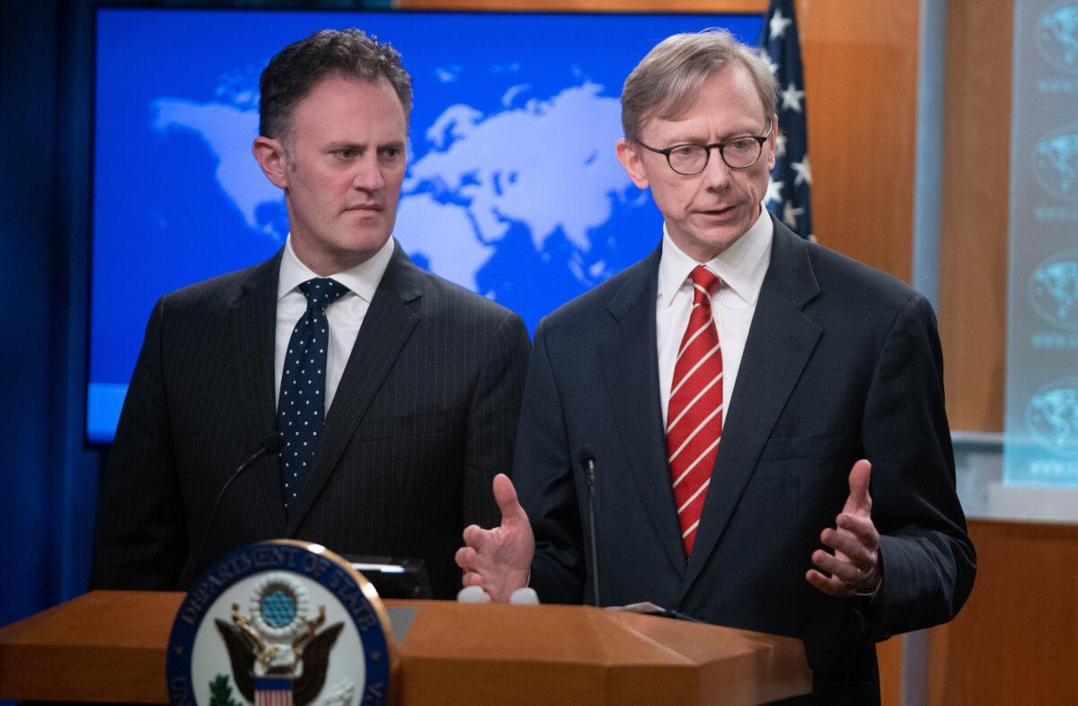 Brian Hook (R), U.S. Special Representative for Iran, and Ambassador Nathan Sales (L), State Department Coordinator for Counterterrorism, speak after Secretary of State Mike Pompeo announced that the United States will designate Iran's Islamic Revolutionary Guard Corps (IRGC) as a Foreign Terrorist Organization during a press conference at the State Department in Washington on April 8, 2019. (Saul Loeb/AFP via Getty Images)