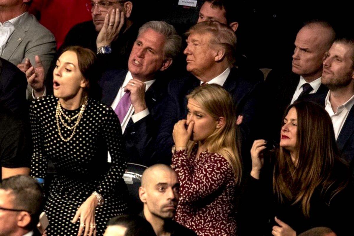 President Donald Trump and House Minority Leader Kevin McCarthy (D-Calif.) look on during UFC 244 at Madison Square Garden, in New York ON Nov. 2, 2019. (Evan Vucci/AP Photo)