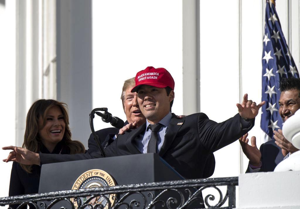 Washington Nationals player Kurt Suzuki wears a "Make America Great Again" hat as President Donald Trump and First Lady Melania Trump welcome the World Series Champions to the White House on Nov. 4, 2019. (Nicholas Kamm/AFP via Getty Images)
