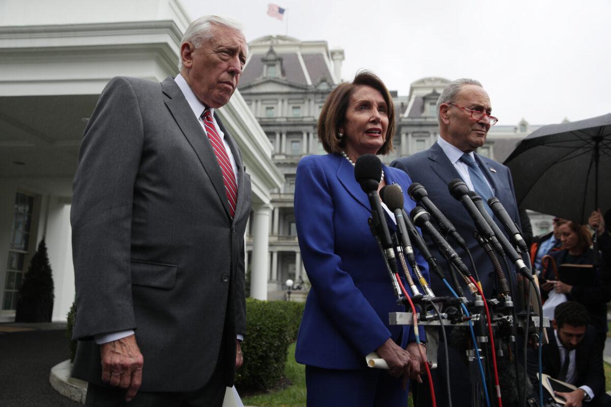 House Speaker Nancy Pelosi (D-Calif.) (C), Senate Minority Leader Chuck Schumer (D-N.Y) (R), and House Majority Leader Steny Hoyer (D-Md.) speak to reporters in Washington on Oct. 16, 2019. (Alex Wong/Getty Images)