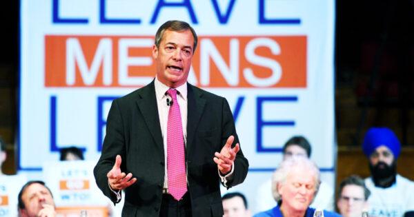 Nigel Farage speaks during the Brexit: Let's Go WTO rally by the Leave Means Leave Brexit Campaign in Central Hall in London, on Jan. 17, 2019. (Leon Neal/Getty Images)