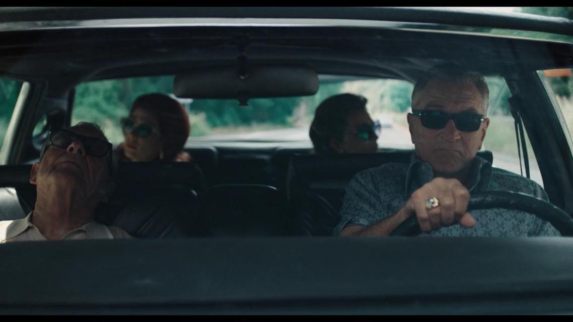 (L–R) Joe Pesci, Kathrine Narducci, Aleksa Palladino, and Robert De Niro roadtrip to Detroit in "The Irishman." (Netflix)