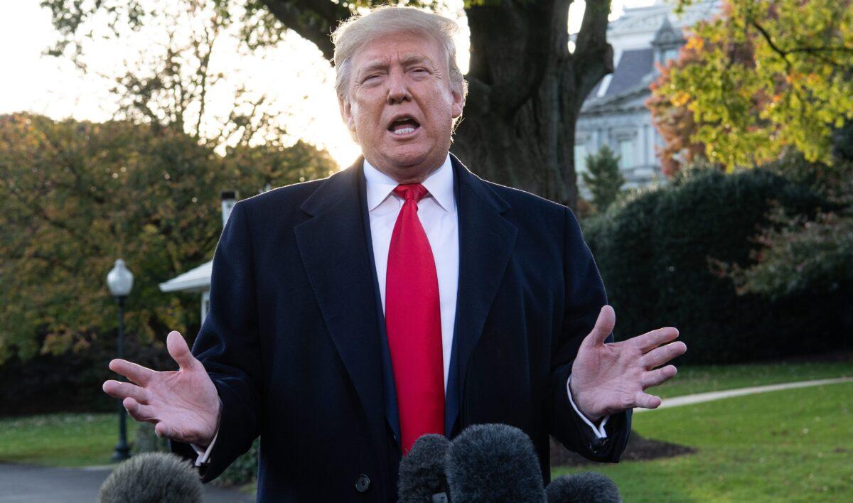 President Donald Trump speaks to the press before departing the White House in Washington on Nov. 4, 2019. (Nicholas Kamm/AFP via Getty Images)